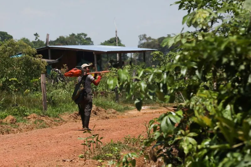 A man walks carrying a chainsaw in the middle of an illegal road made during the deforestation of the Yari plains, in Caqueta, Colombia March 2, 2021.