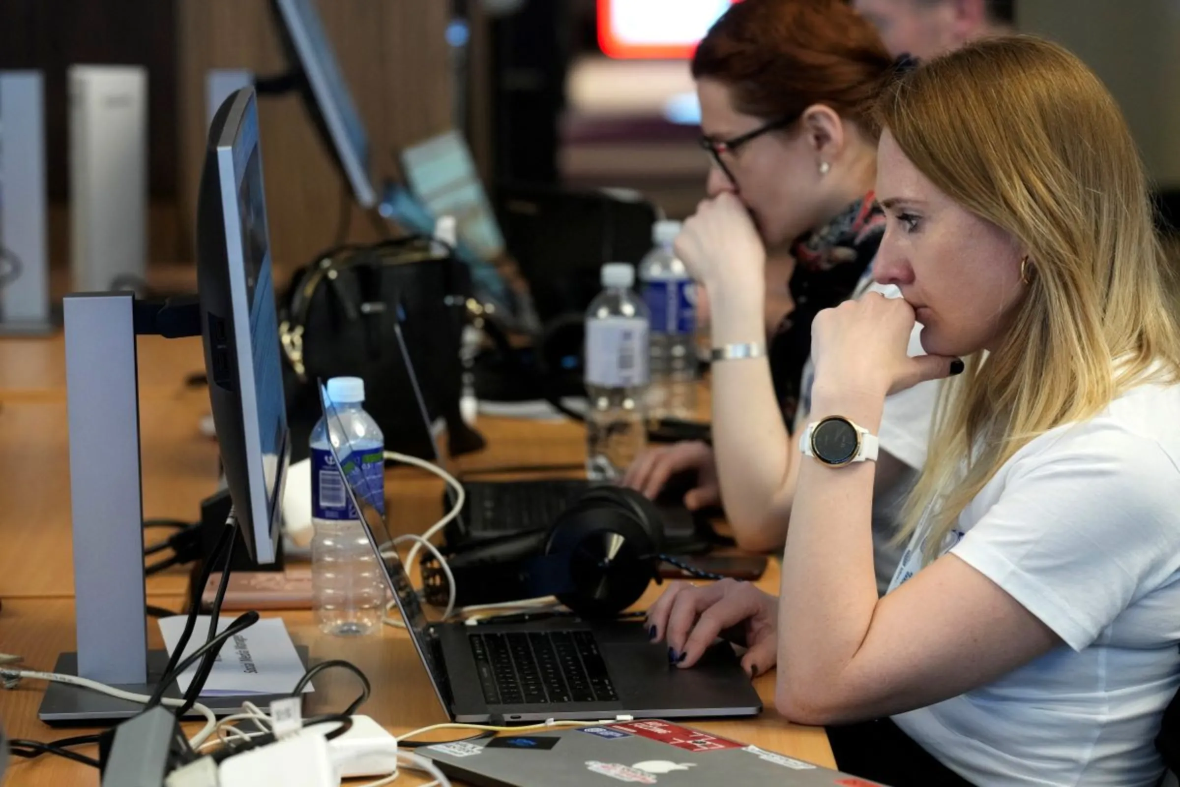 Computer specialists of the misinformation team take part in the NATO-led cyber war games 'Locked Shields 2023' in Tallinn, Estonia April 18, 2023. REUTERS/Ints Kalnins