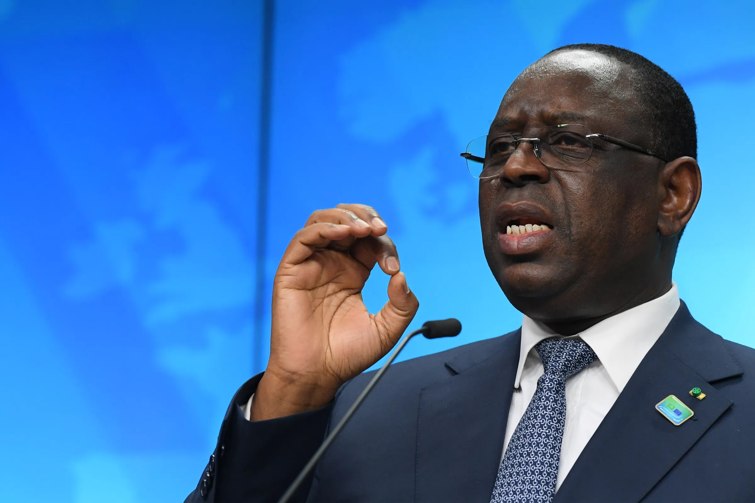 Senegal's President Macky Sall speaks at a news conference on the second day of a European Union (EU) African Union (AU) summit at The European Council Building in Brussels, Belgium February 18, 2022. John Thys/Pool via REUTERS
