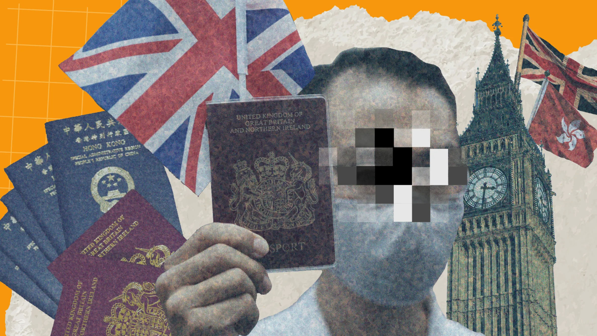 A graphic shows a blurred out face holding a British passport in front of Union Jack flags, Hong Kong passports and Big Ben