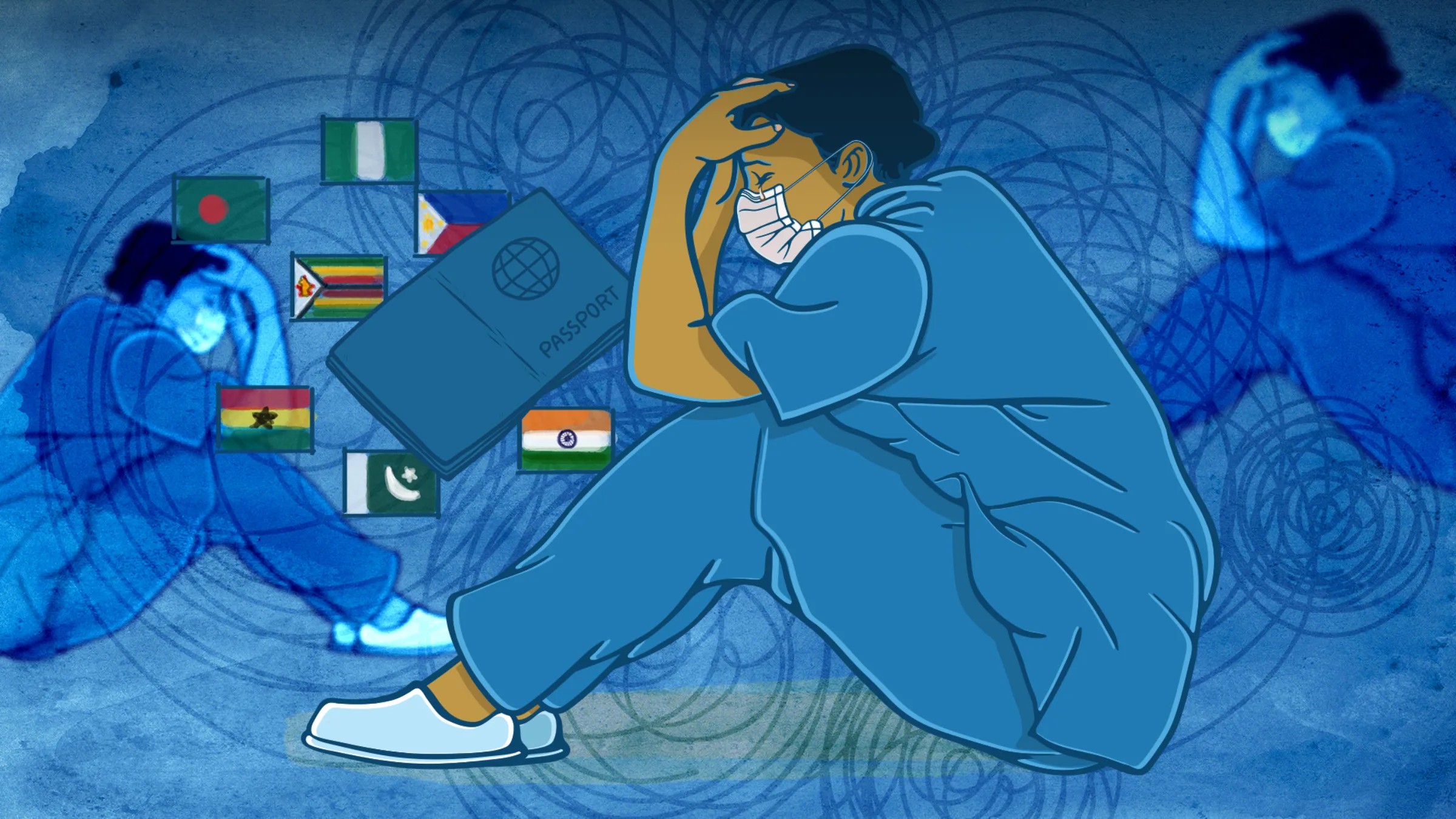 An illustration of a female carer wearing a face mark holding her head in despair, with images of a passport in the background.