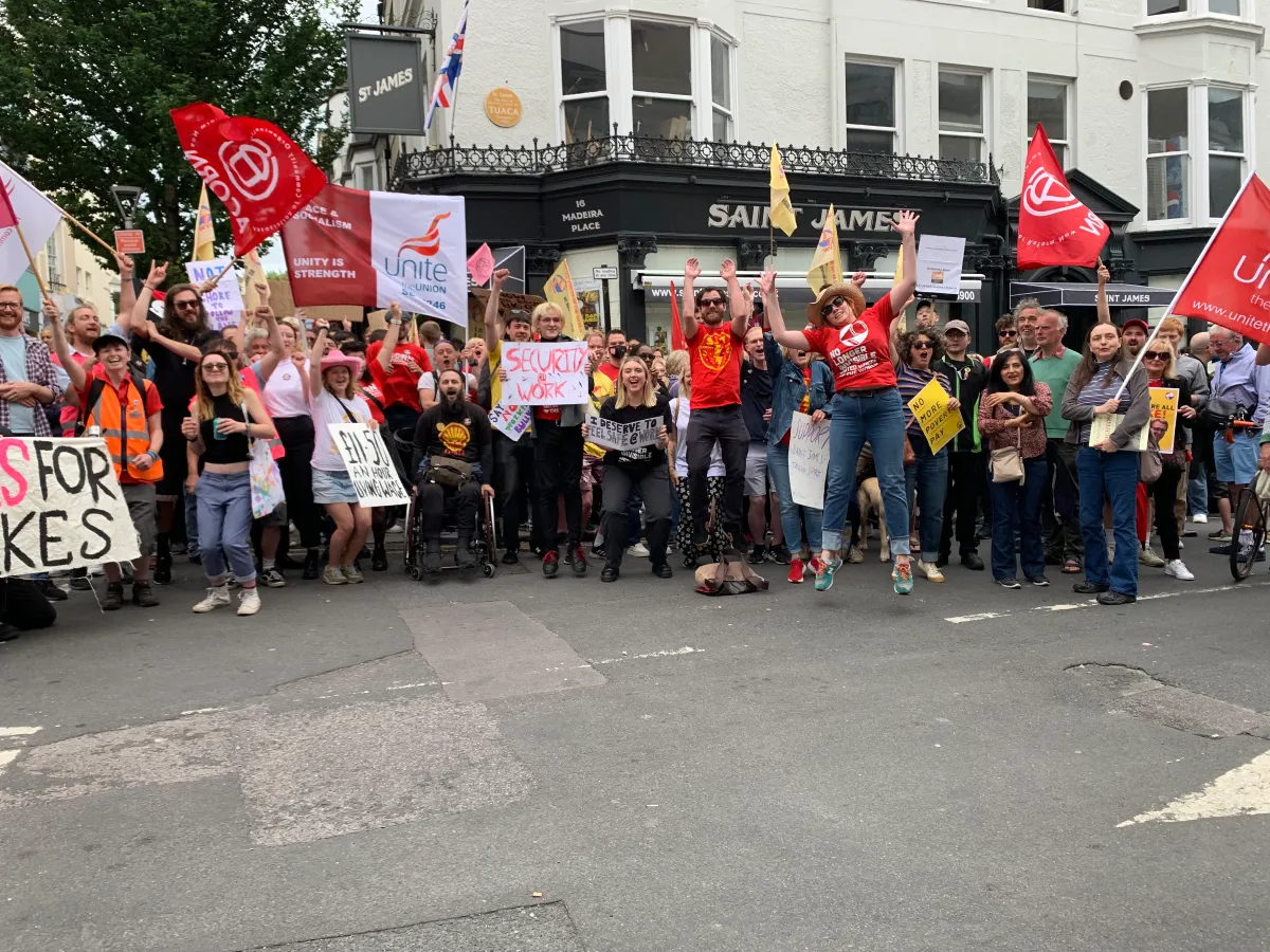 Bar staff strikers and their supporters outside the Saint James Tavern