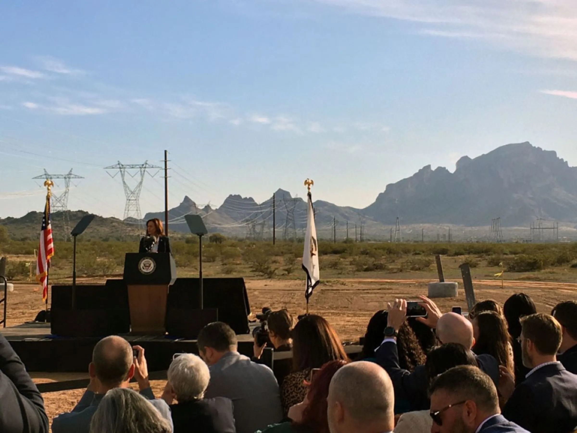 U.S. Vice President Kamala Harris speaks at the ground-breaking of the Ten West Link transmission line in Tonopah, Arizona, on January 19, 2023. Mike Quigley/Handout via Thomson Reuters Foundation
