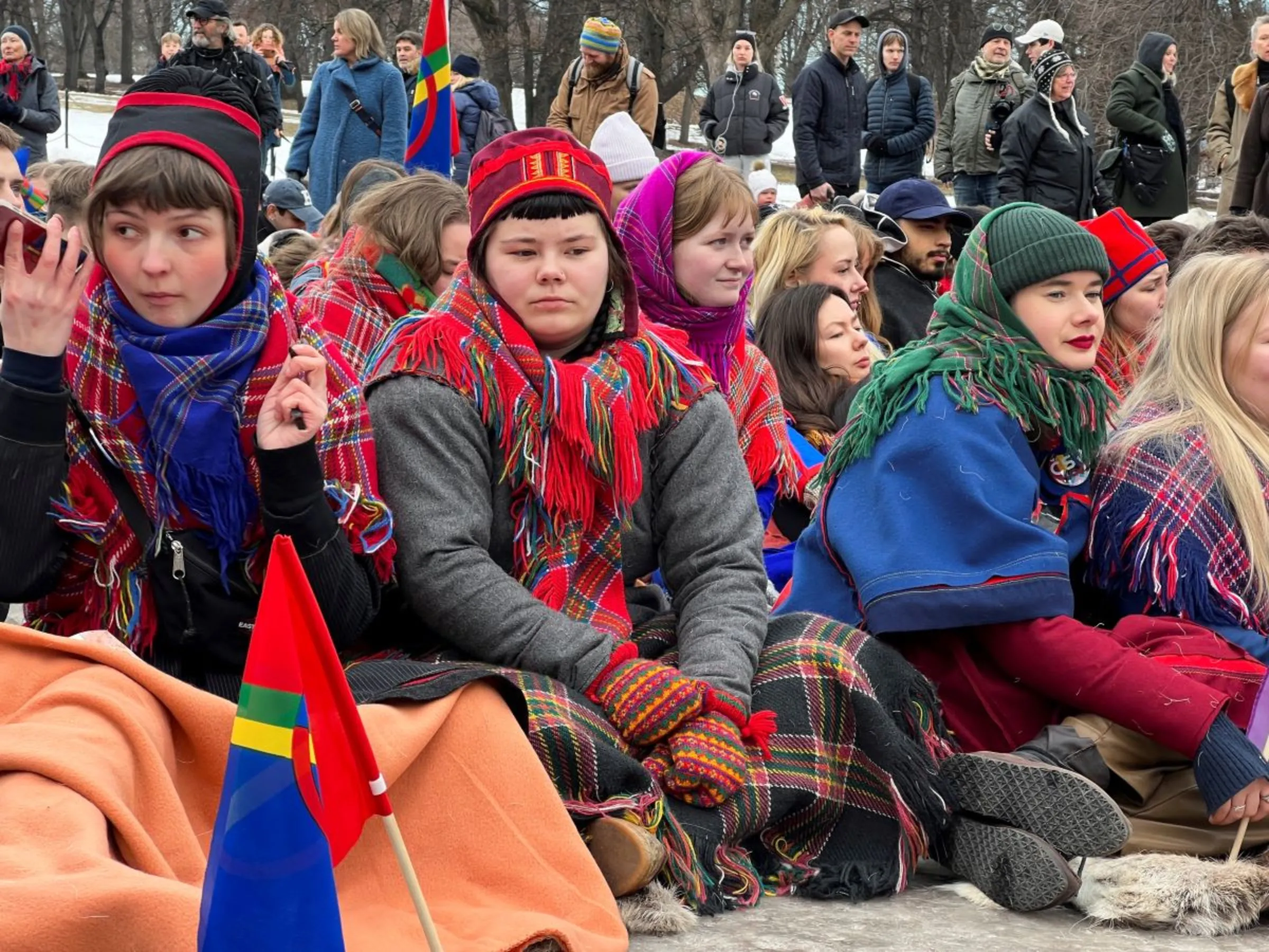 Protesters, including Sami people demonstrate against wind turbines at Fosen, in front of the royal palace in Oslo, Norway March 3, 2023. REUTERS/Victoria Klesty