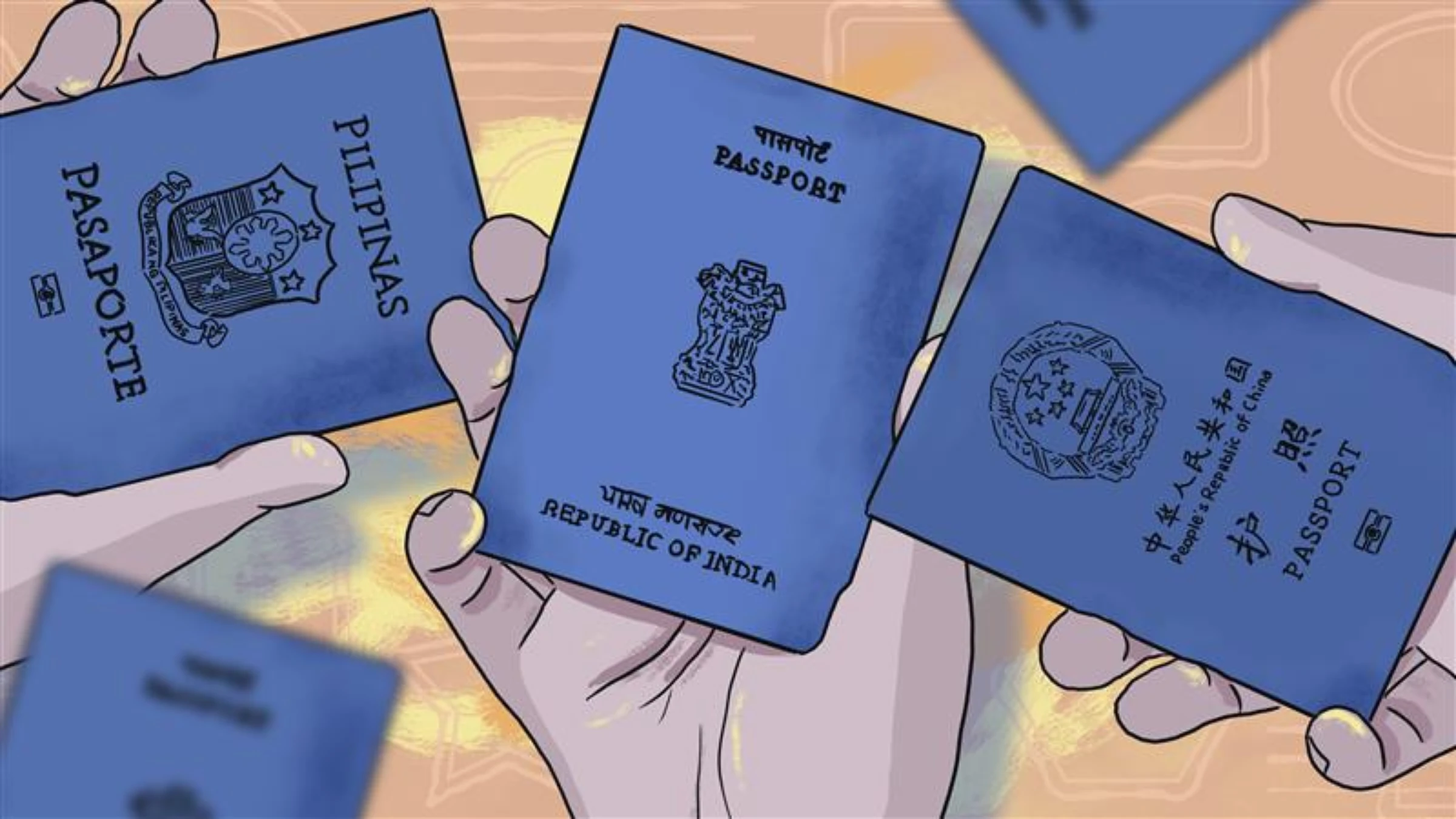 Seafarers hold their passports in this illustration. People from India, Philippines and China make up the most number of seafarers. Thomson Reuters Foundation/Karif Wat