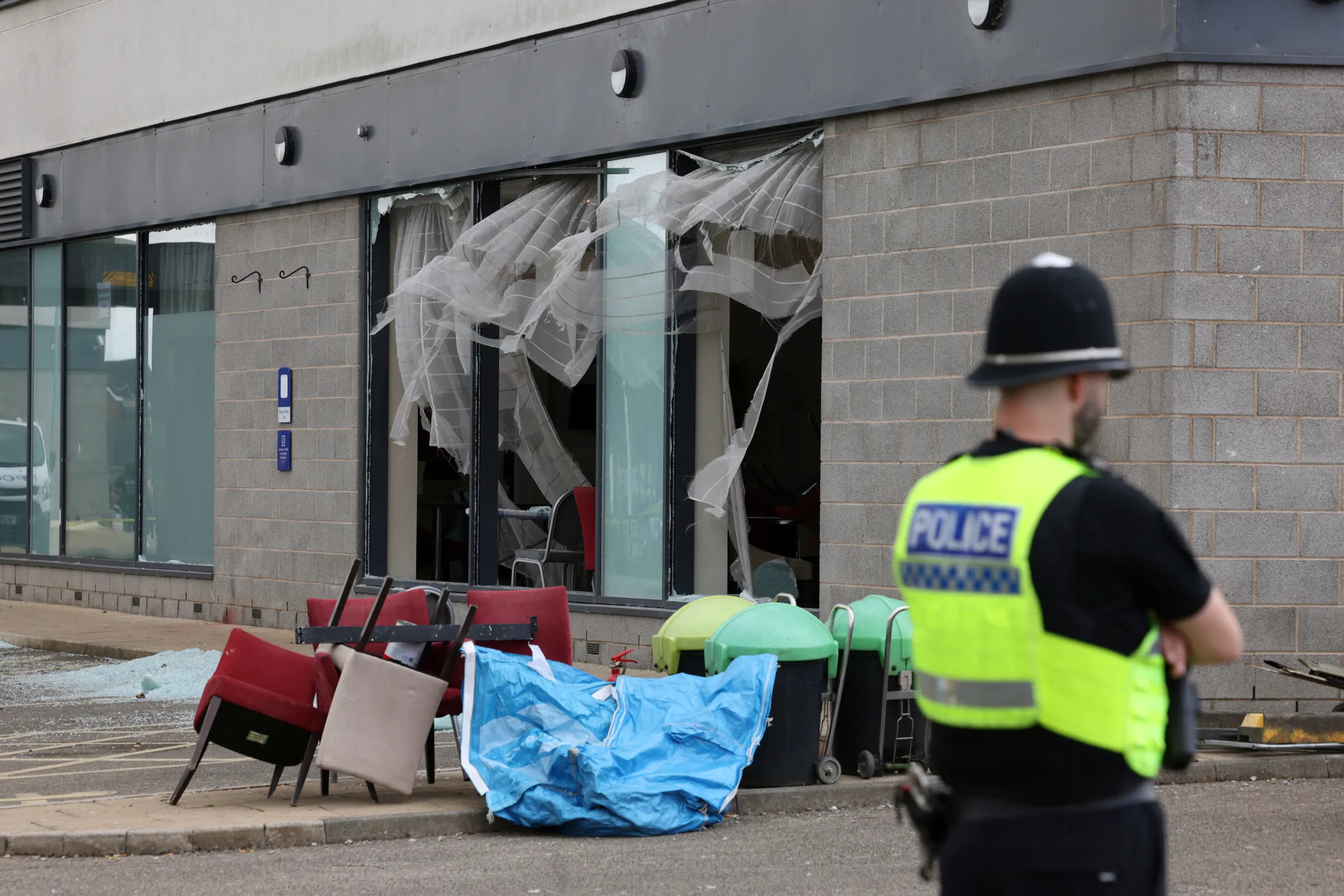 A view of damage to Holiday Inn Express hotel hotel after rioters attacked the building in Rotherham, Britain, August 5, 2024. The government had said it was being used by asylum seekers. REUTERS/Hollie Adams