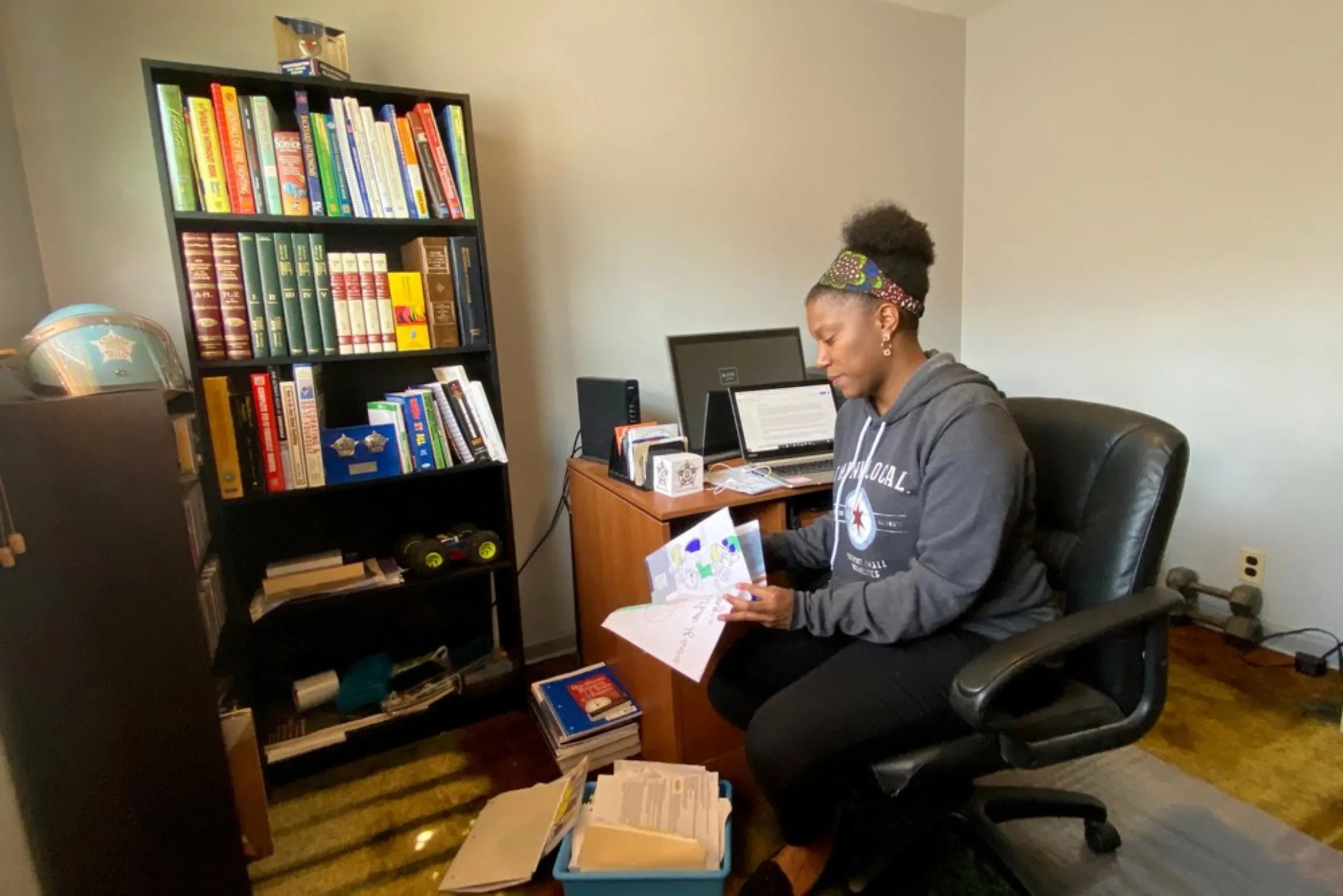 Middle school reading teacher Shayna Boyd prepares for the start of remote teaching due to coronavirus disease (COVID-19) restrictions in her home office in Chicago, Illinois, U.S. April 8, 2020.