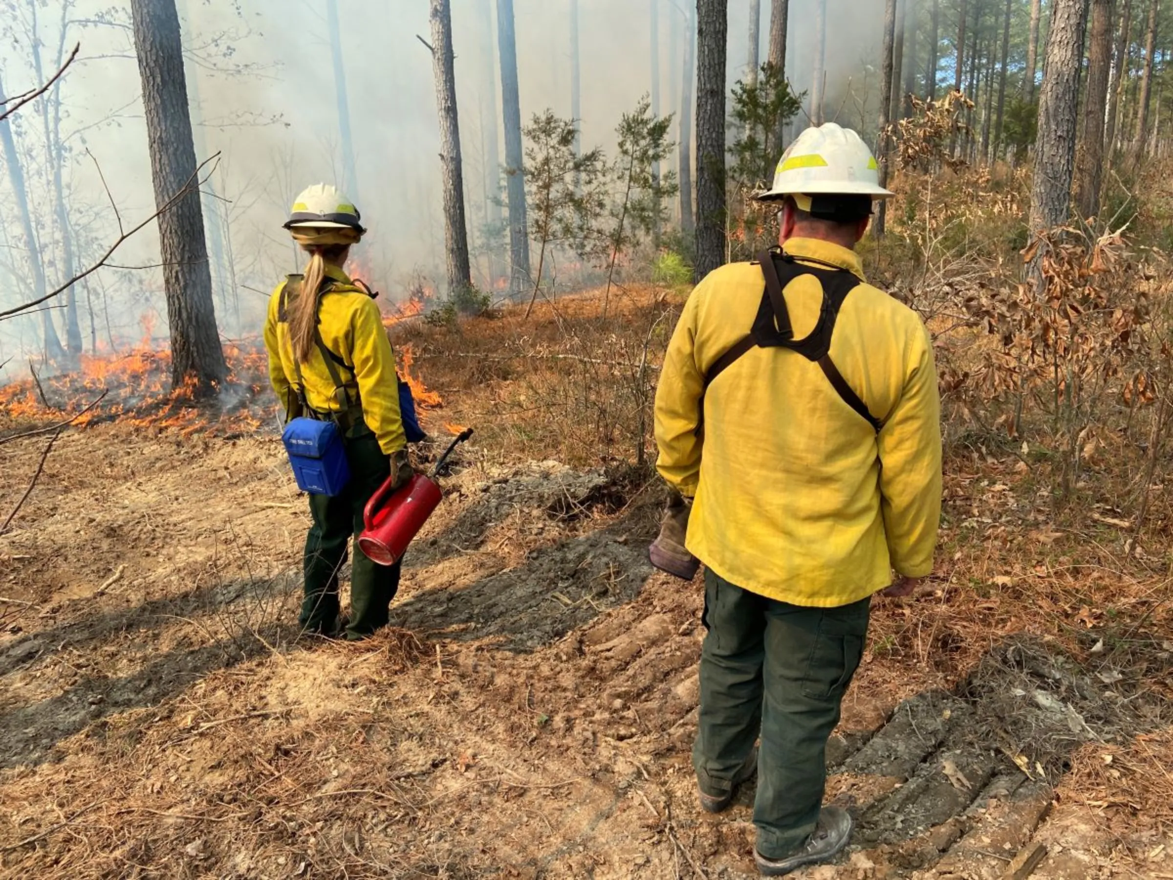 Members of a Virginia Department of Forestry team survey part of a controlled burn they conducted in King William County, Virginia, USA, March 9, 2023. Thomson Reuters Foundation/David Sherfinski.