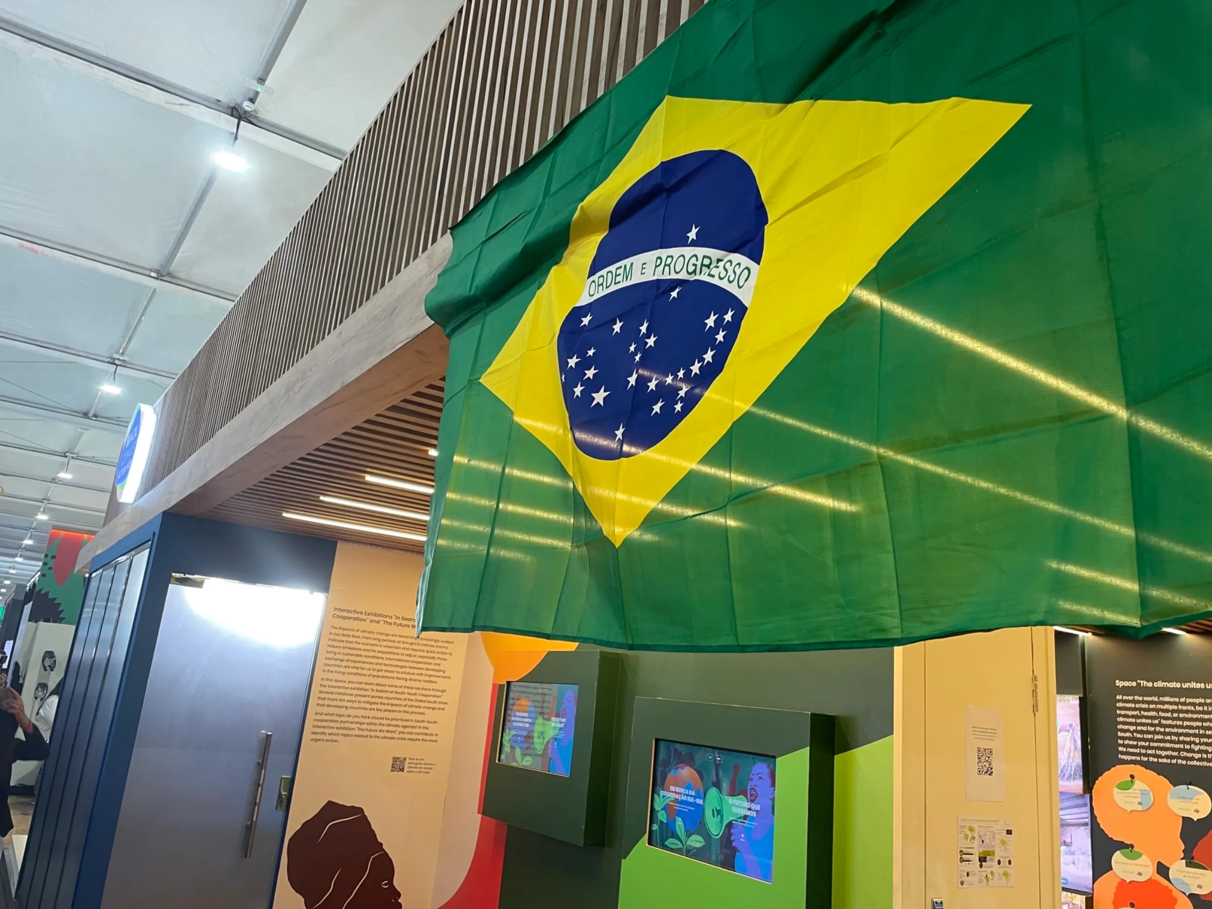 A Brazilian flag flies at the country's 'Climate Action Hub' at the COP27 U.N. climate talks in Sharm el-Sheikh, Egypt, November 12, 2022. Thomson Reuters Foundation/Laurie Goering