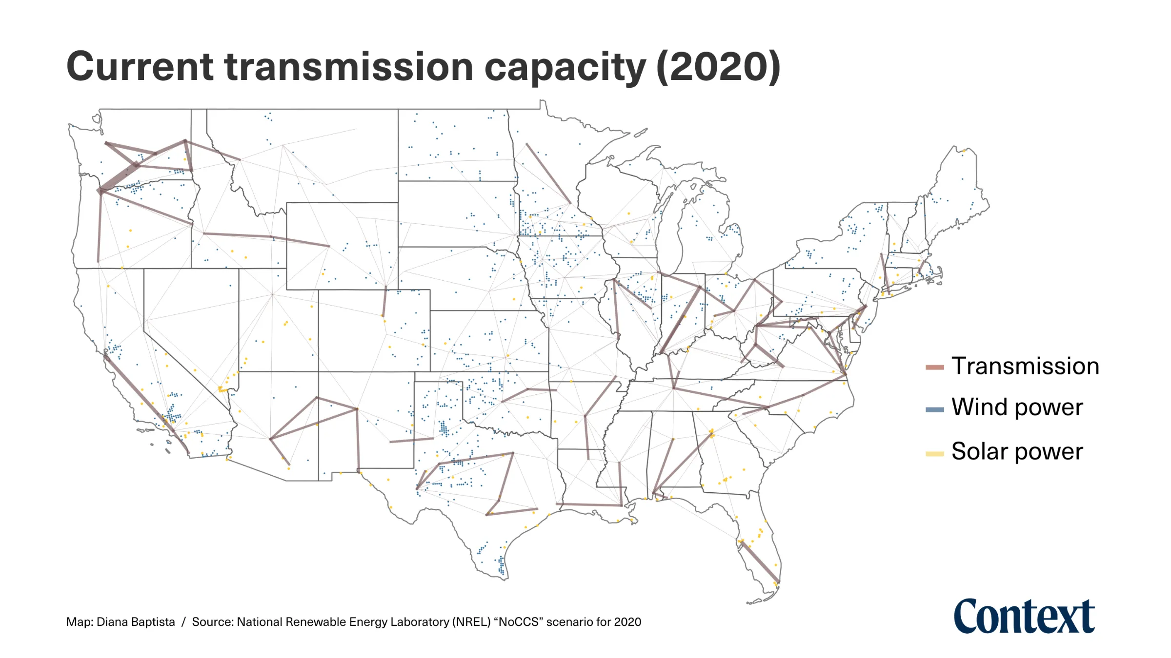 Current transmission capacity (2020). Source: National Renewable Energy Laboratory (NREL) 'NoCCS' scenario for 2020.