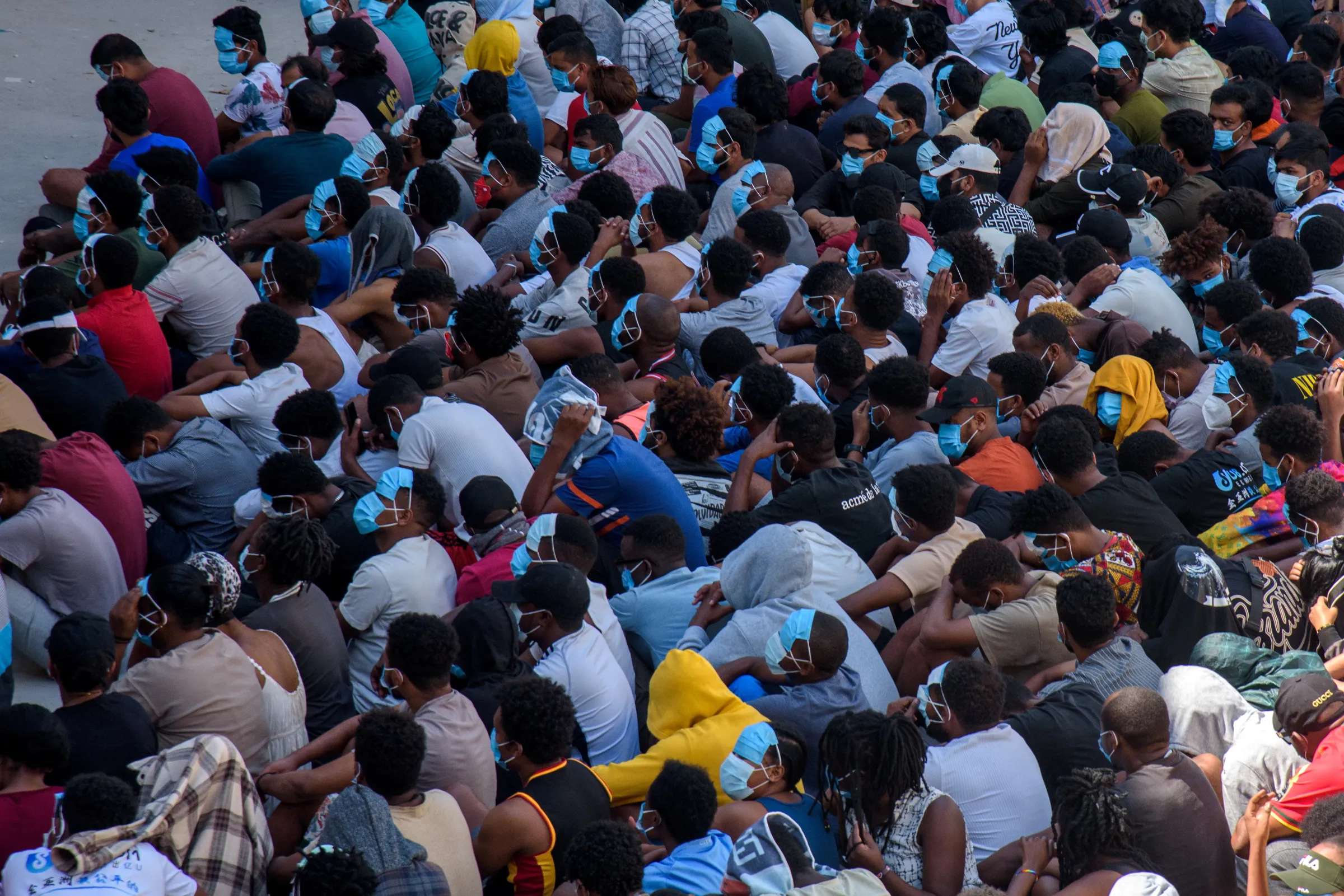 Victims of scam centers who were tricked or trafficked into working in Myanmar at a compound inside the KK Park, a fraud factory, and a human trafficking hub on the border with Thailand-Myanmar in Myawaddy, Myanmar, February 26, 2025. REUTERS/Stringer