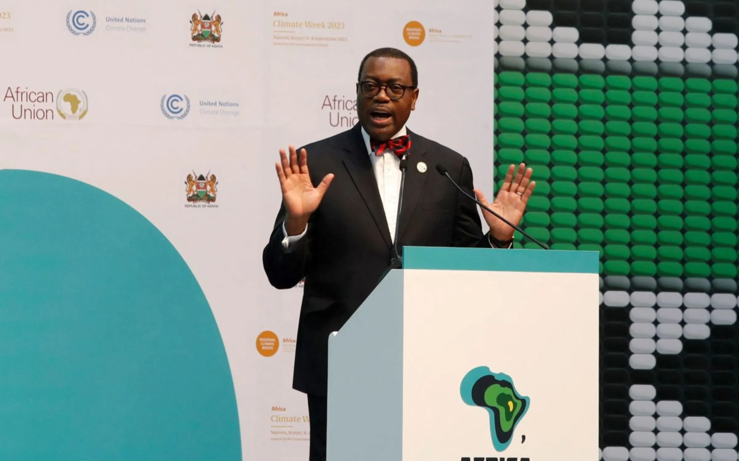 African Development Bank President Akinwumi Adesina addresses delegates during the Africa Climate Summit (ACS) 2023 at the Kenyatta International Convention Centre (KICC) in Nairobi, Kenya, September 5, 2023