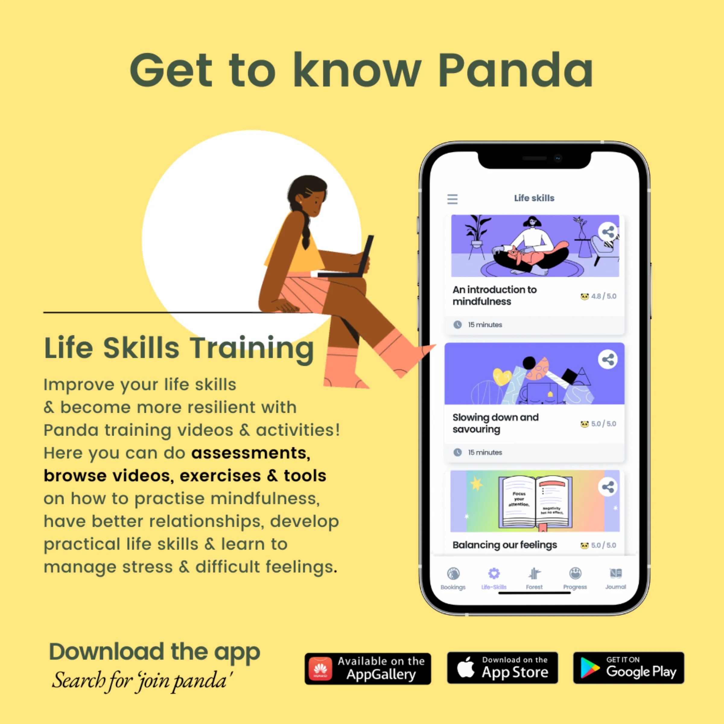 A screenshot from the Panda mental health application invites users to improve their life skills training through assessments, videos, exercises and tools.