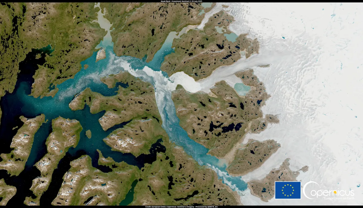 A satellite image shows Nuuk Fjord, Greenland July 29, 2021. Picture taken July 29, 2021. European Union, Copernicus Sentinel-2 imagery - Processed by @DEFIS_EU/Handout via REUTERS