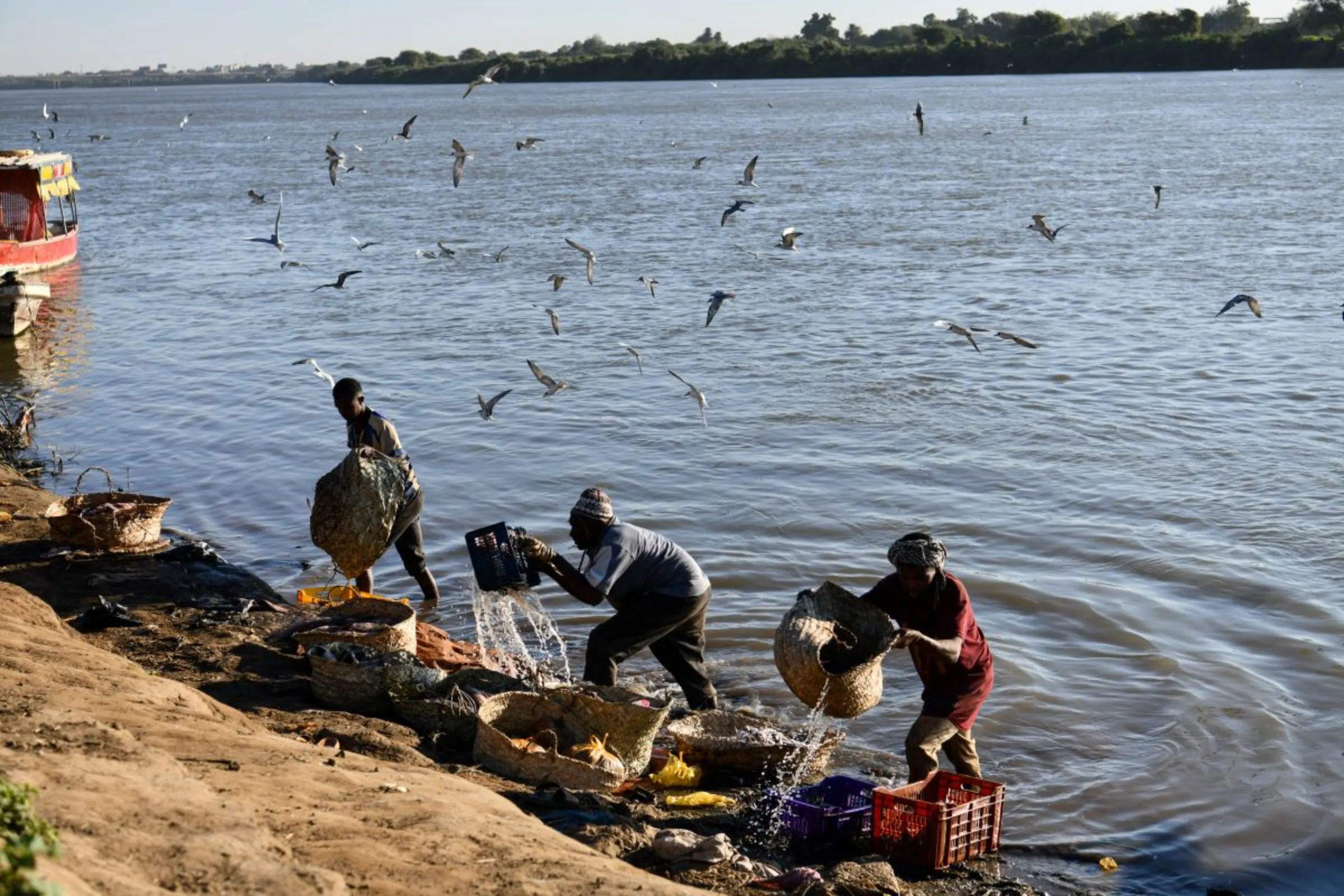 Sudanese workers wash the day’s catches of fish by the Nile River bank, before transporting the produce to vendors at Al-Mawrada Fish Market in Omdurman, Sudan, January 7, 2023. Thomson Reuters Foundation/Ela Yokes