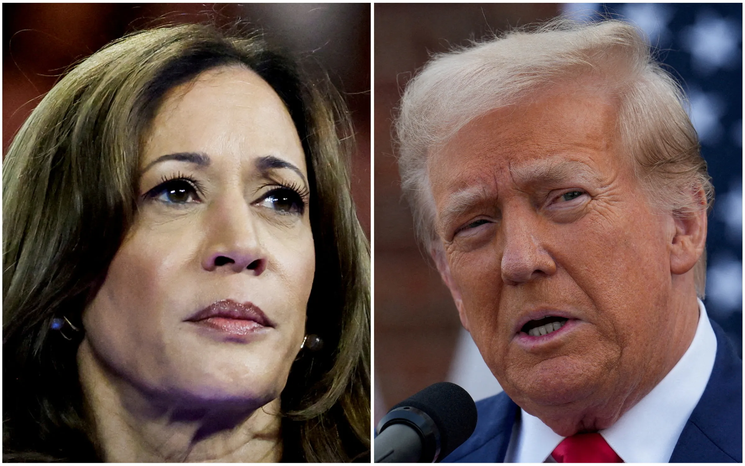 U.S. Vice President Kamala Harris and former U.S. President Donald Trump seen in a combination of file photographs. REUTERS/Marco Bello, Jeenah Moon