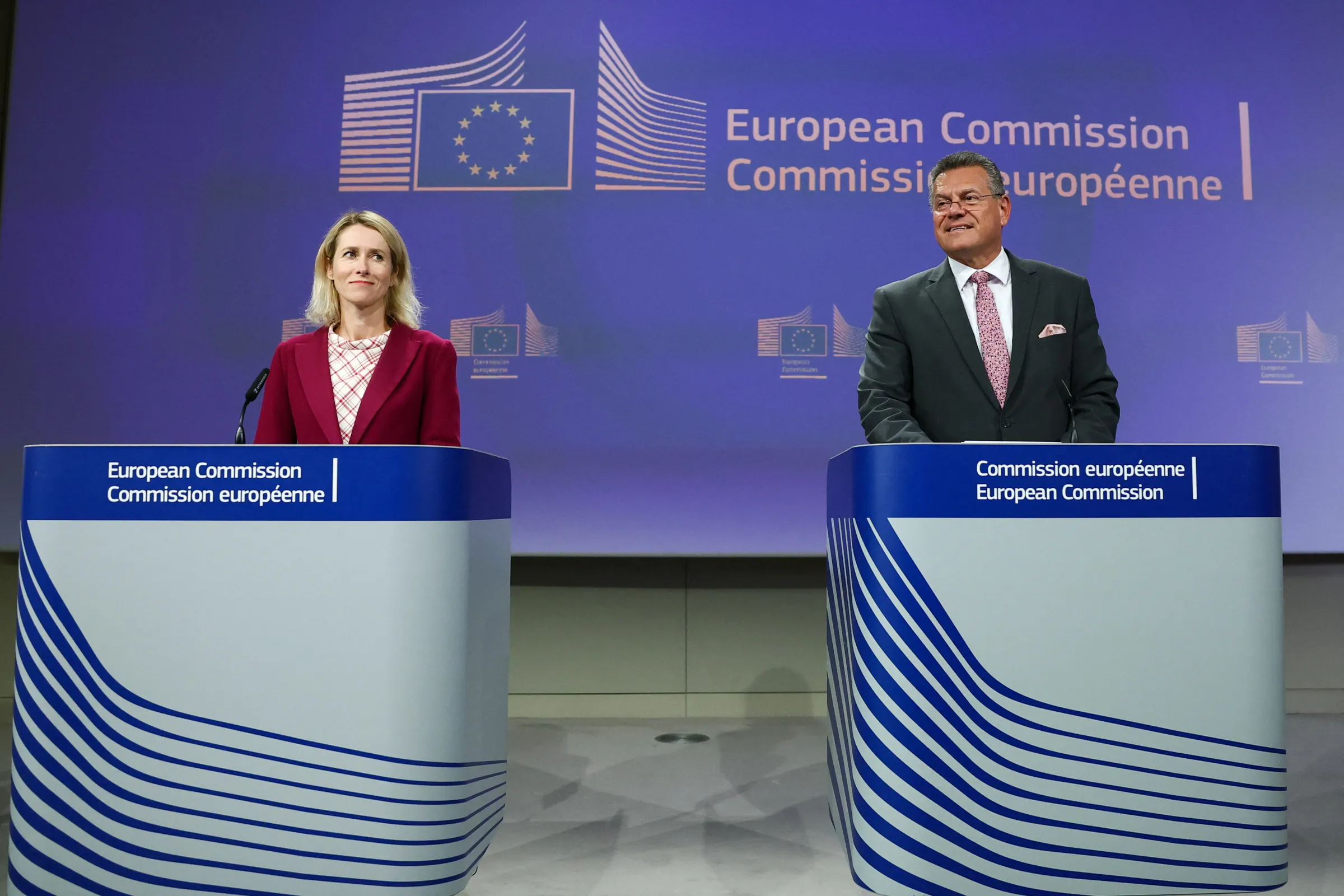 The European Commission's High Representative for Foreign Affairs Kaja Kallas and Commissioner for Trade Maros Sefcovic present EU-Mercosur and EU-Mexico trade agreements in Brussels, Belgium, September 3, 2025. REUTERS/Yves Herman