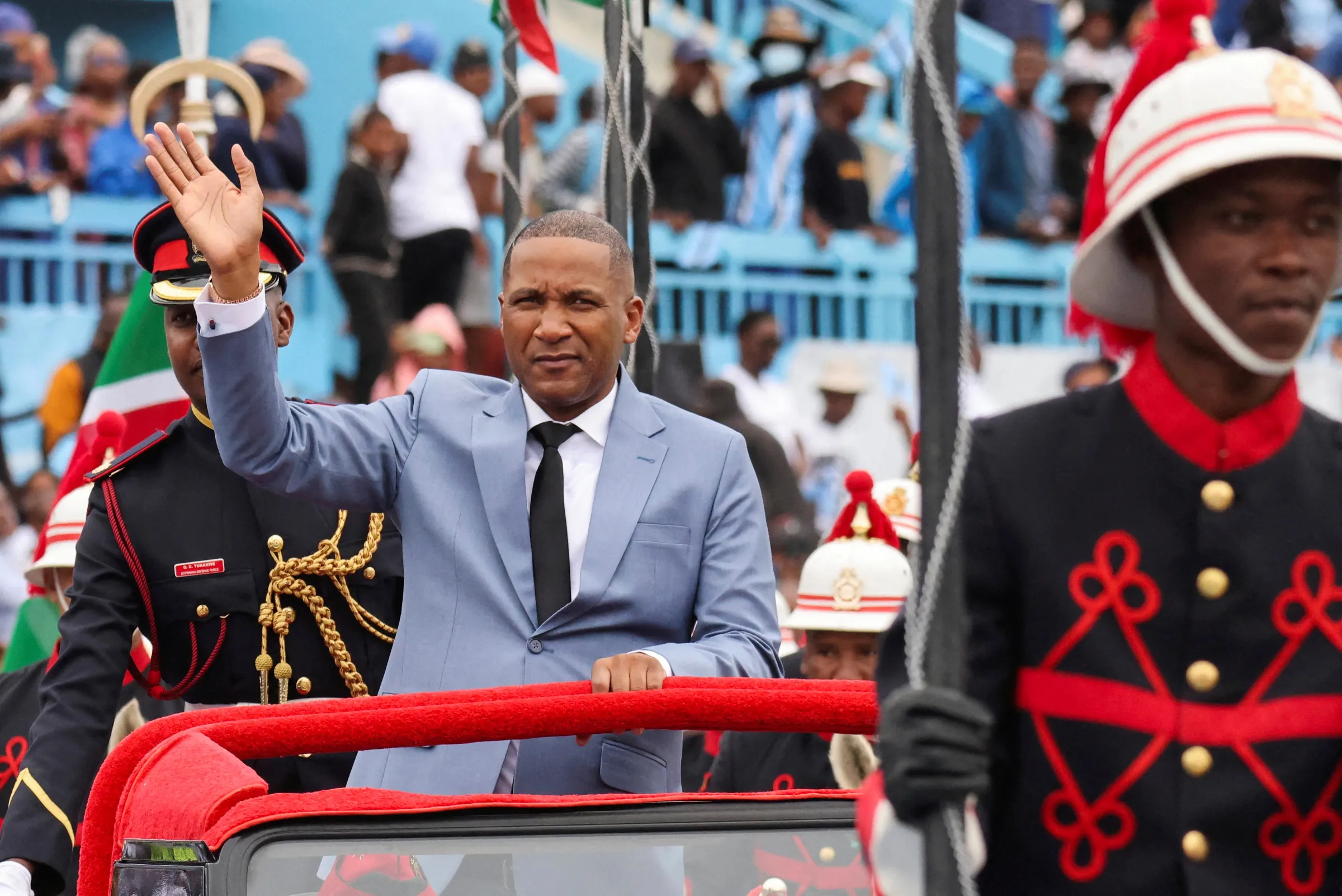 Newly elected president of Botswana, Duma Boko waves to supporters during his inauguration ceremony in Gaborone, Botswana November 8, 2024 REUTERS/Thalefang Charles