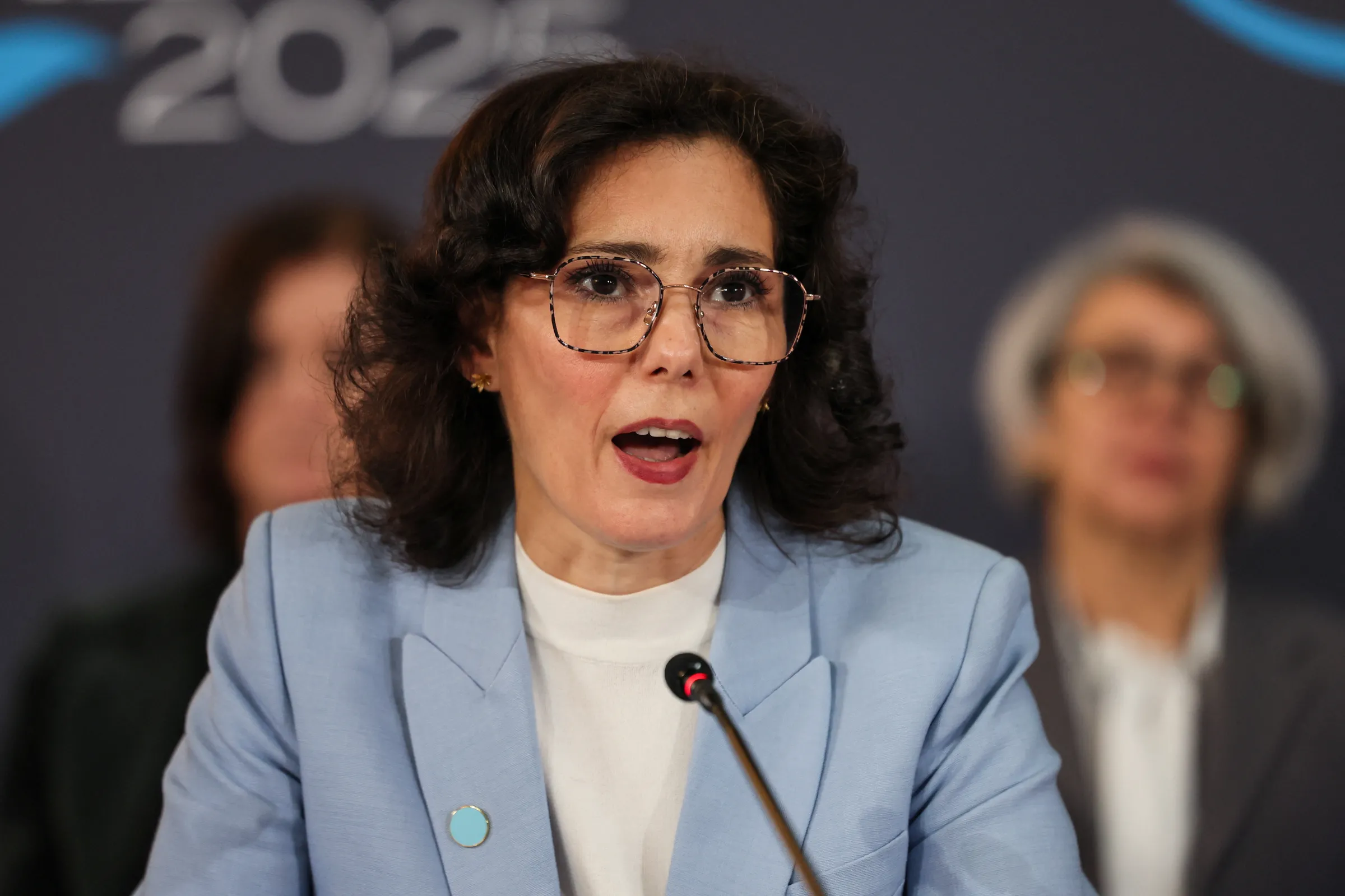Hadja Lahbib, European Commissioner for Preparedness, Crisis Management and Equality, attends the London Sudan conference, at Lancaster House, in London, Britain April 15, 2025. REUTERS/Isabel Infantes
