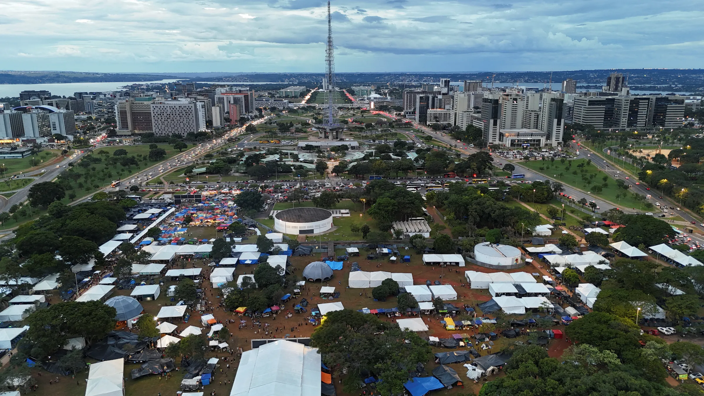 A drone view shows the the Terra Livre (Free Land) protest camp as indigenous people camp to demand the demarcation of land and to defend cultural rights, in Brasilia, Brazil April 9, 2025. REUTERS/Adriano Machado