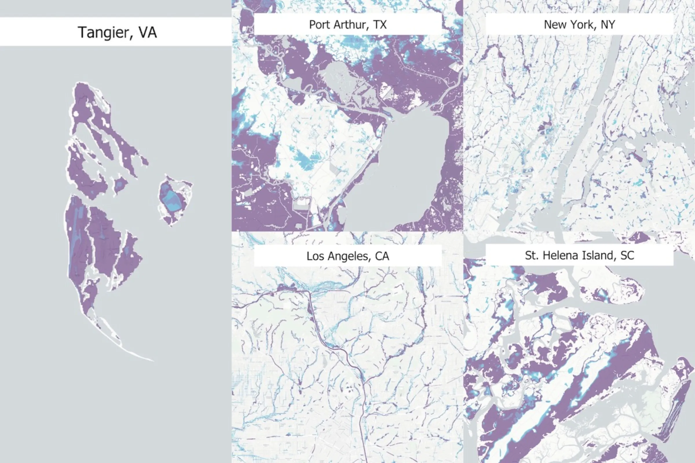 This map outlines the increased risk of extreme flooding in the next 30 years for several areas in the United States, including Tangier, with darker colors corresponding to greater depths and increasing frequency of flooding. Thomson Reuters Foundation/Handout by First Street Foundation