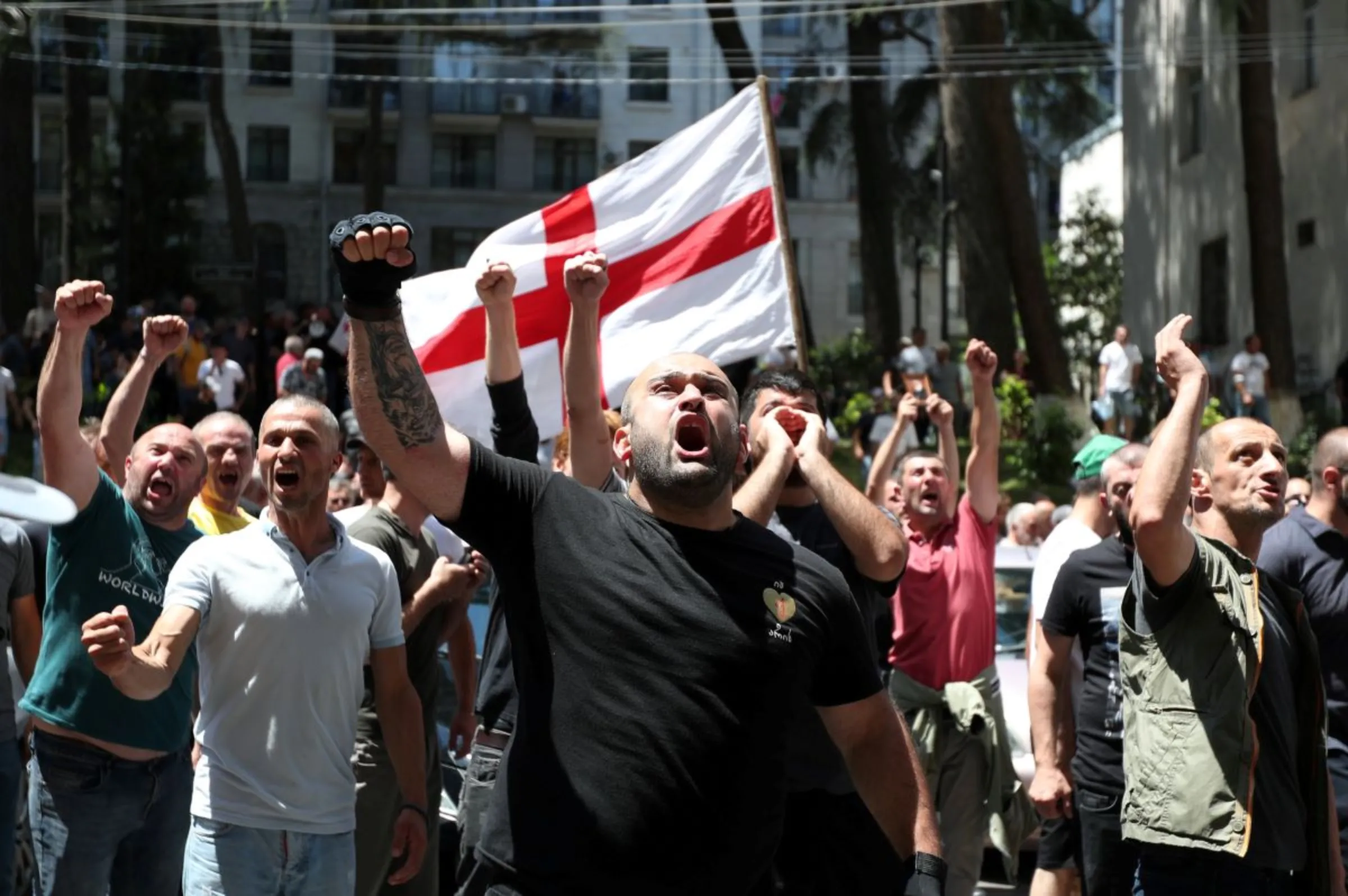 Anti-LGBT protesters shout as they take part in a rally ahead of the planned March for Dignity during Pride Week in Tbilisi, Georgia July 5, 2021. REUTERS/Irakli Gedenidze