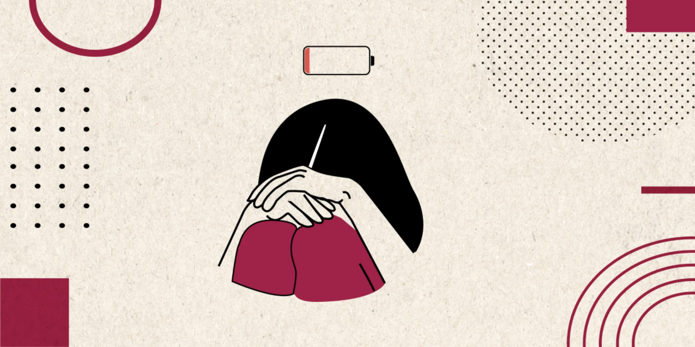 A girl buries her head in her knees with hands covering her face as a low phone battery icon sits above her head in this illustration photo. Thomson Reuters Foundation/Tereza Astilean