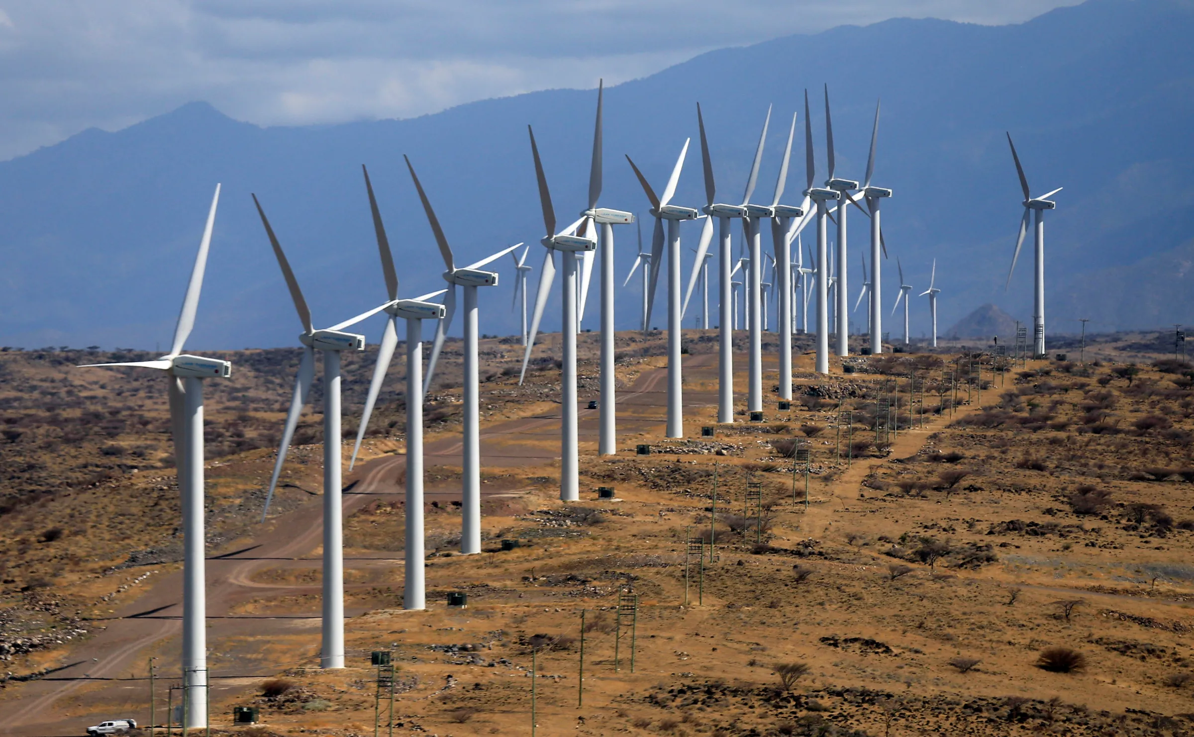 An aerial view shows the power-generating wind turbines seen at the Lake Turkana Wind Power project (LTWP) in Loiyangalani district, Marsabit County, northern Kenya