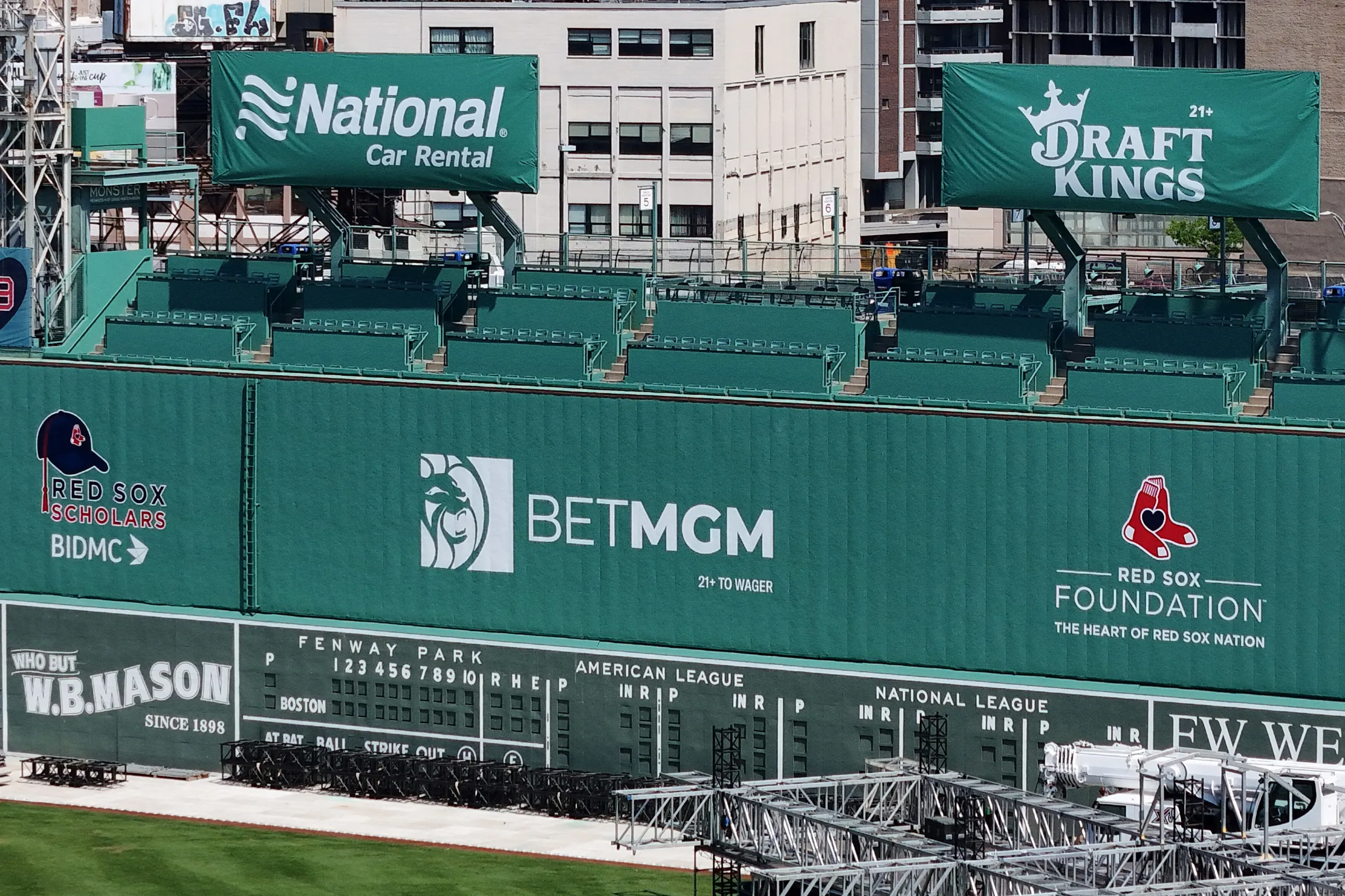 A drone view shows advertisements for the online sports betting companies BetMGM and DraftKings at Fenway Park in Boston, Massachusetts, U.S., June 18, 2024. REUTERS/Brian Snyder