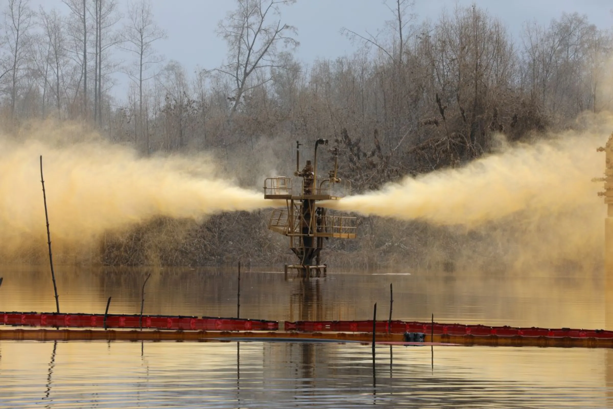 A view of an oil spill from a well head is pictured at Santa Barbara, in Nembe, Bayelsa, Nigeria, November 25, 2021