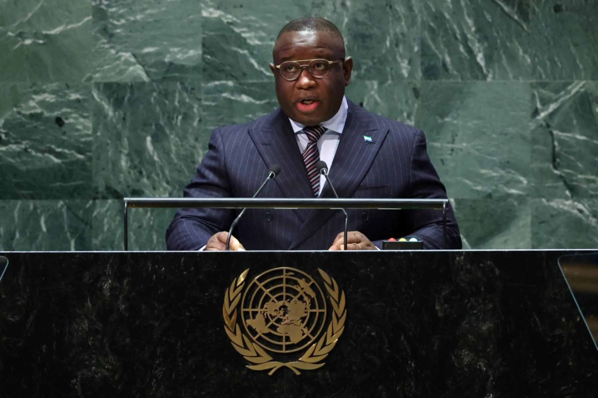 President of Sierra Leone Julius Maada Bio speaks during the Sustainable Development Goals (SDG) Summit 2023, at U.N. headquarters in New York City, New York, U.S., September 18, 2023. REUTERS/Mike Segar