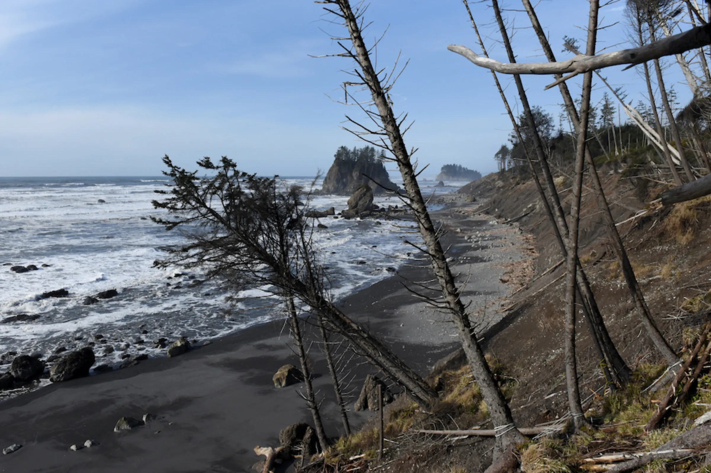 A coastline of the Pacific Ocean, damaged by erosion, is seen on the Quinault Indian Reservation in Taholah, Washington, U.S. March 4, 2020. REUTERS/Stephanie Keith