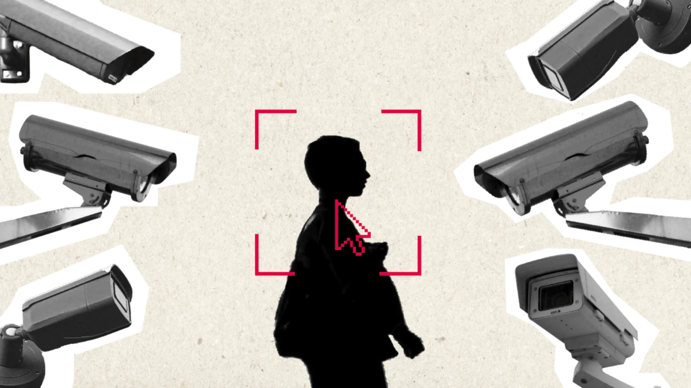 A silhouette is surrounded by security cameras in this illustration. Thomson Reuters Foundation/Nura Ali