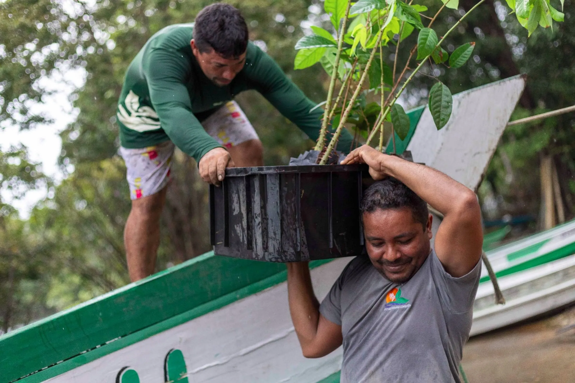 Agents from a reforestation project from NGO IPÊ disembark with tree seedlings in RDS Puranga Conquista, Manaus, Brazil, March 13, 2025. Nathalie Brasil/Thomson Reuters Foundation