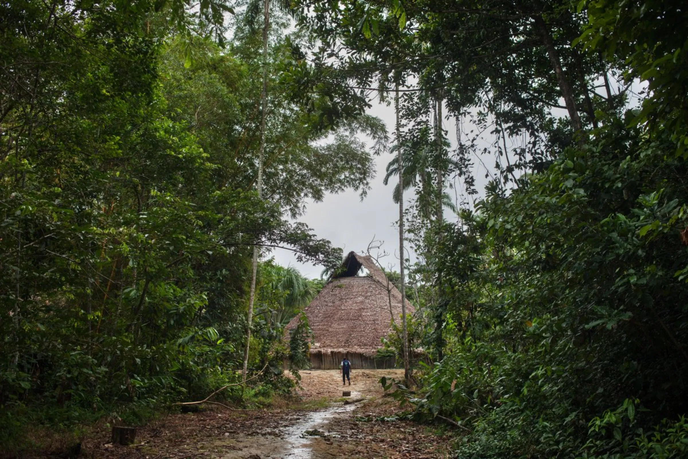 A view of a maloka, a traditional thatched communal dwelling used for rituals, meetings, cooking and as a home for some community members, along the Miriti-Parana River in Colombia’s southeast Amazonas province, December 16, 2021