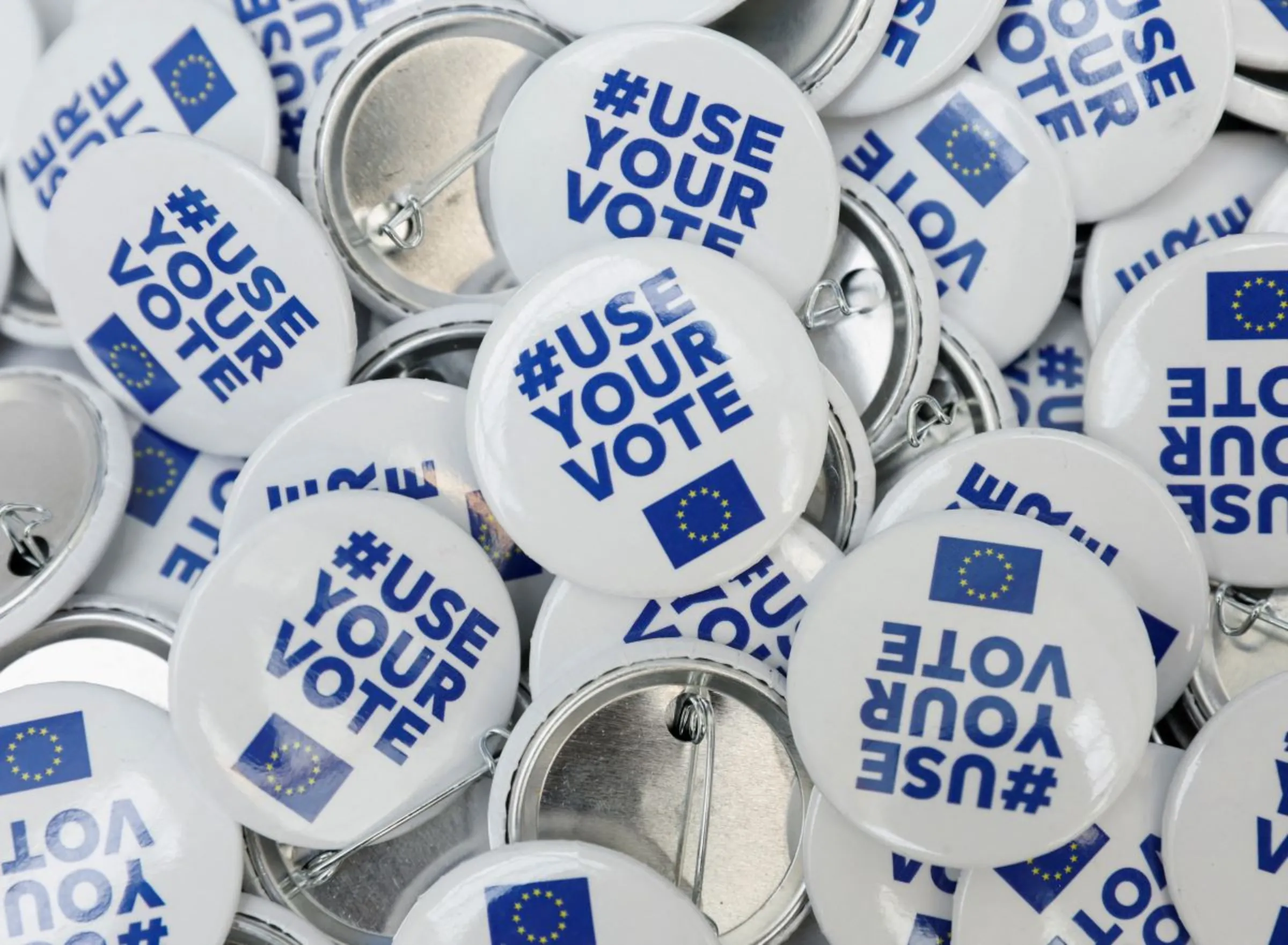 #USEYOURVOTE pin badges at the European Parliament, in Rabat, Malta May 22, 2024. REUTERS/Darrin Zammit Lupi
