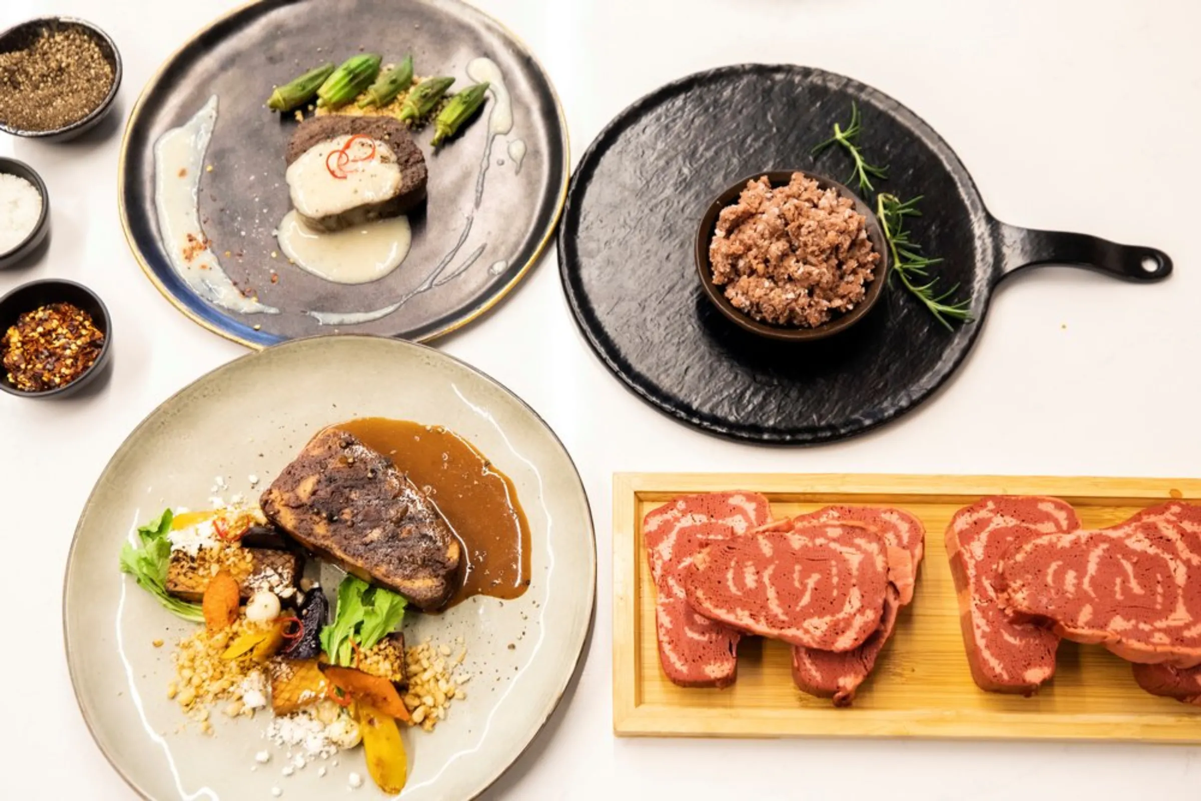 Dishes consisting of 3D printed plant-based meat mimicking real beef and produced by Israeli start-up Redefine Meat are seen during a demonstration for Reuters at their facility in Rehovot, Israel June 29, 2020