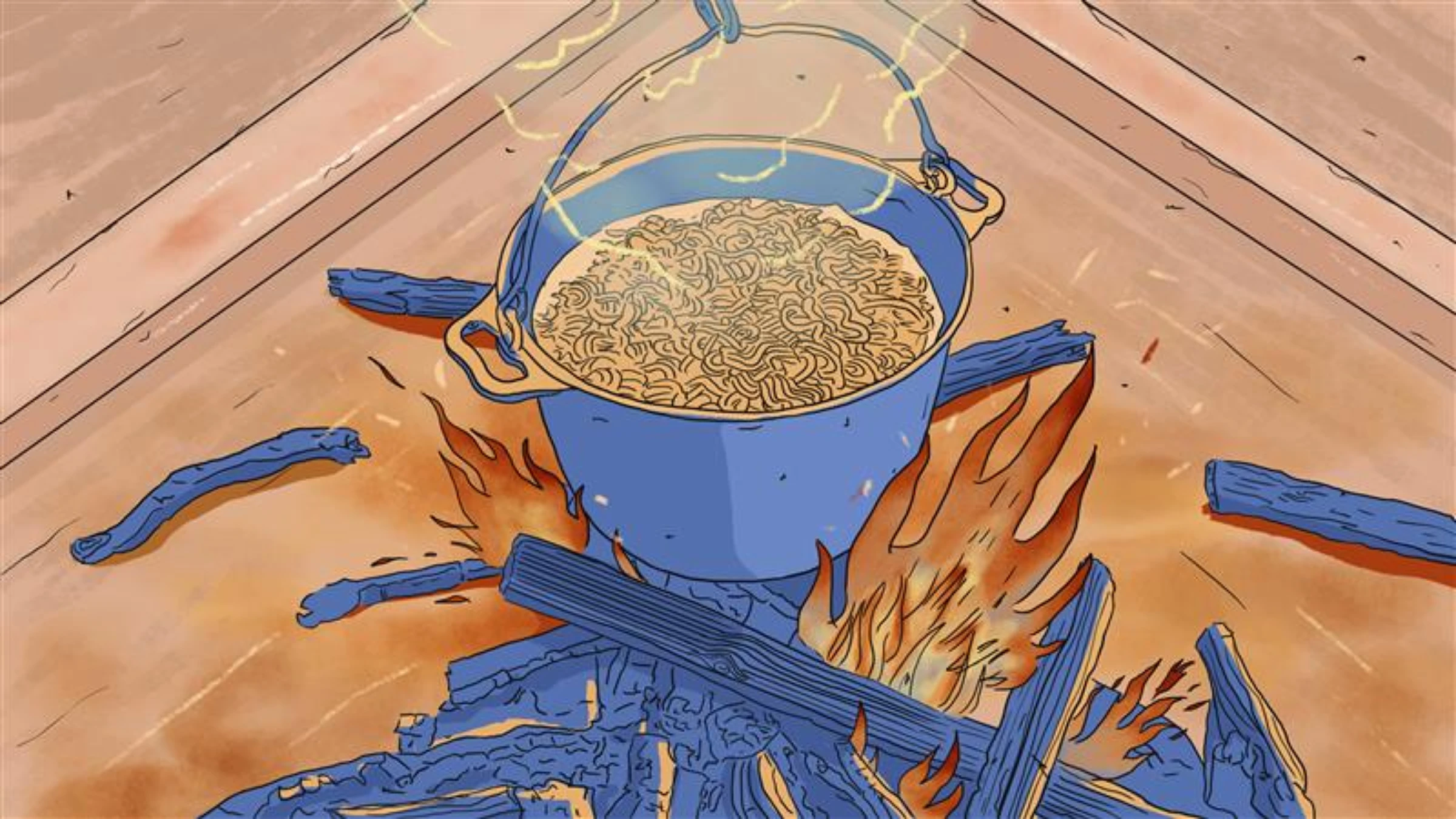Noodles cook on a pot over an open fire in this illustration photo. Stranded at sea, the ship crew survived on meagre rations of one daily meal of instant noodles cooked over a wood fire. Thomson Reuters Foundation/Karif Wat
