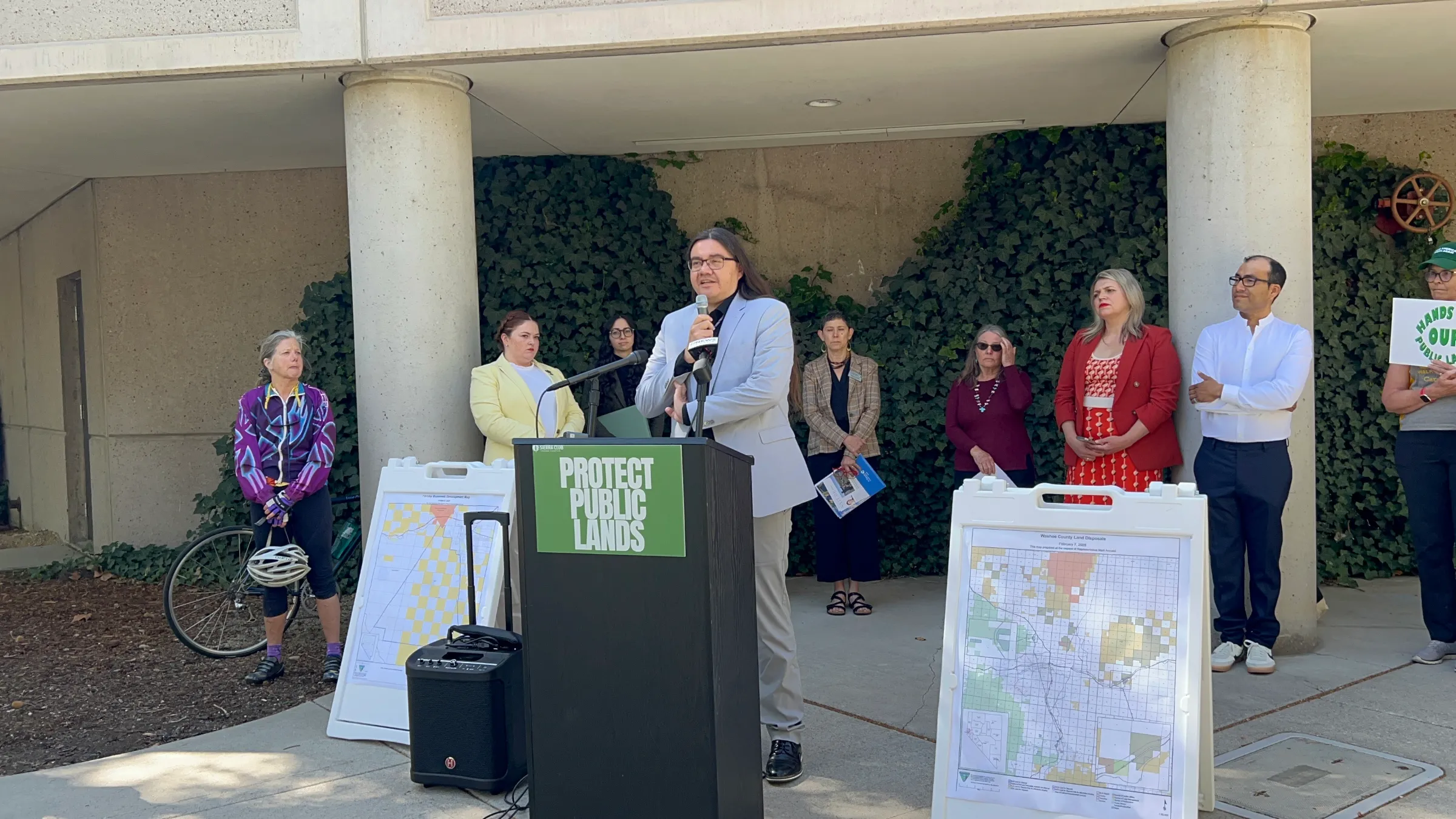 Local officials and residents take part in a May 8 event in Reno, Nevada, criticizing a proposal to sell federal lands. Sierra Club Toiyabe Chapter/handout via Thomson Reuters Foundation