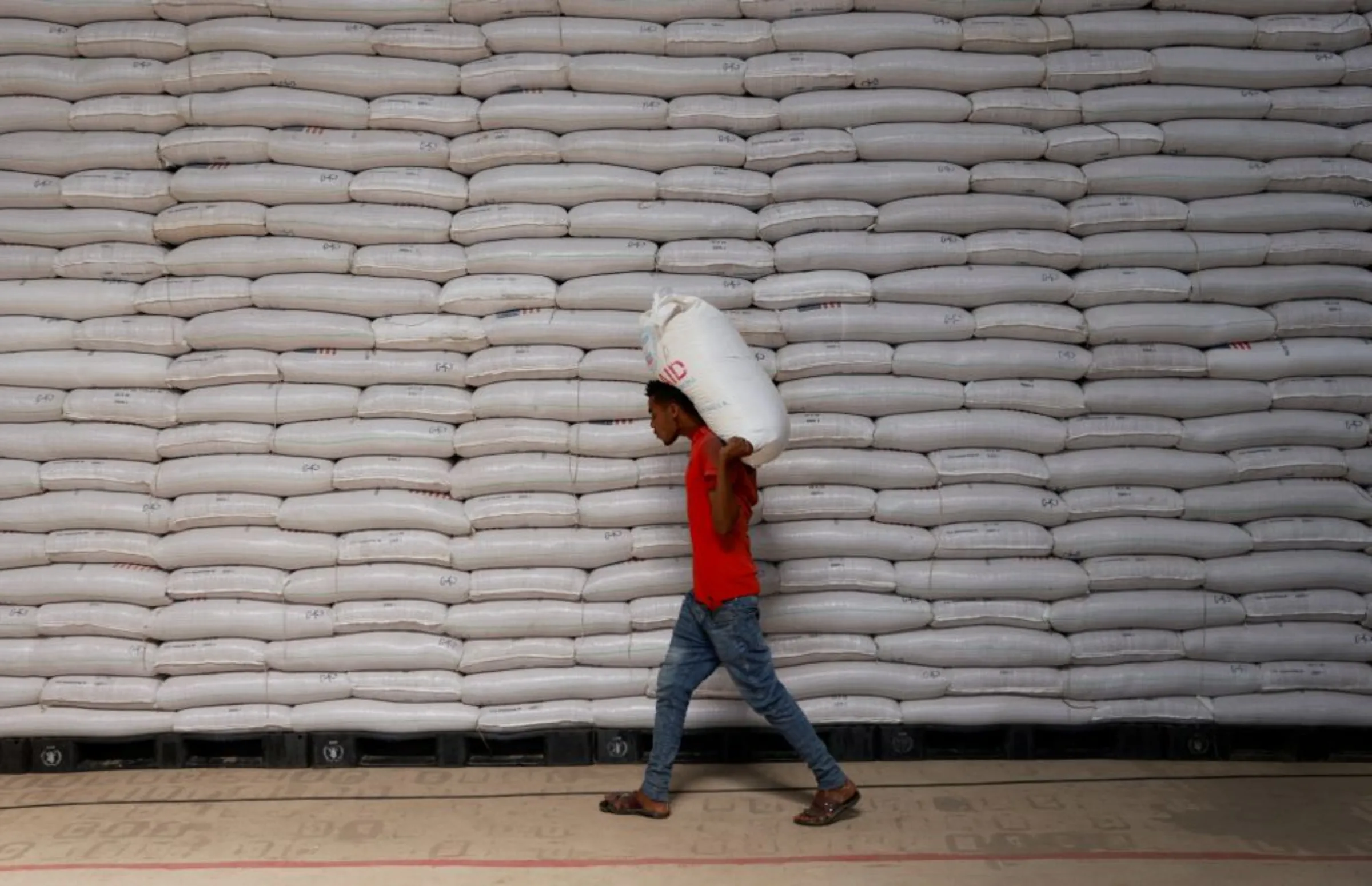 A labourer offloads a bag of grains as part of relief food that was sent from Ukraine at the World Food Program (WFP) warehouse in Adama town, Ethiopia, September 8, 2022