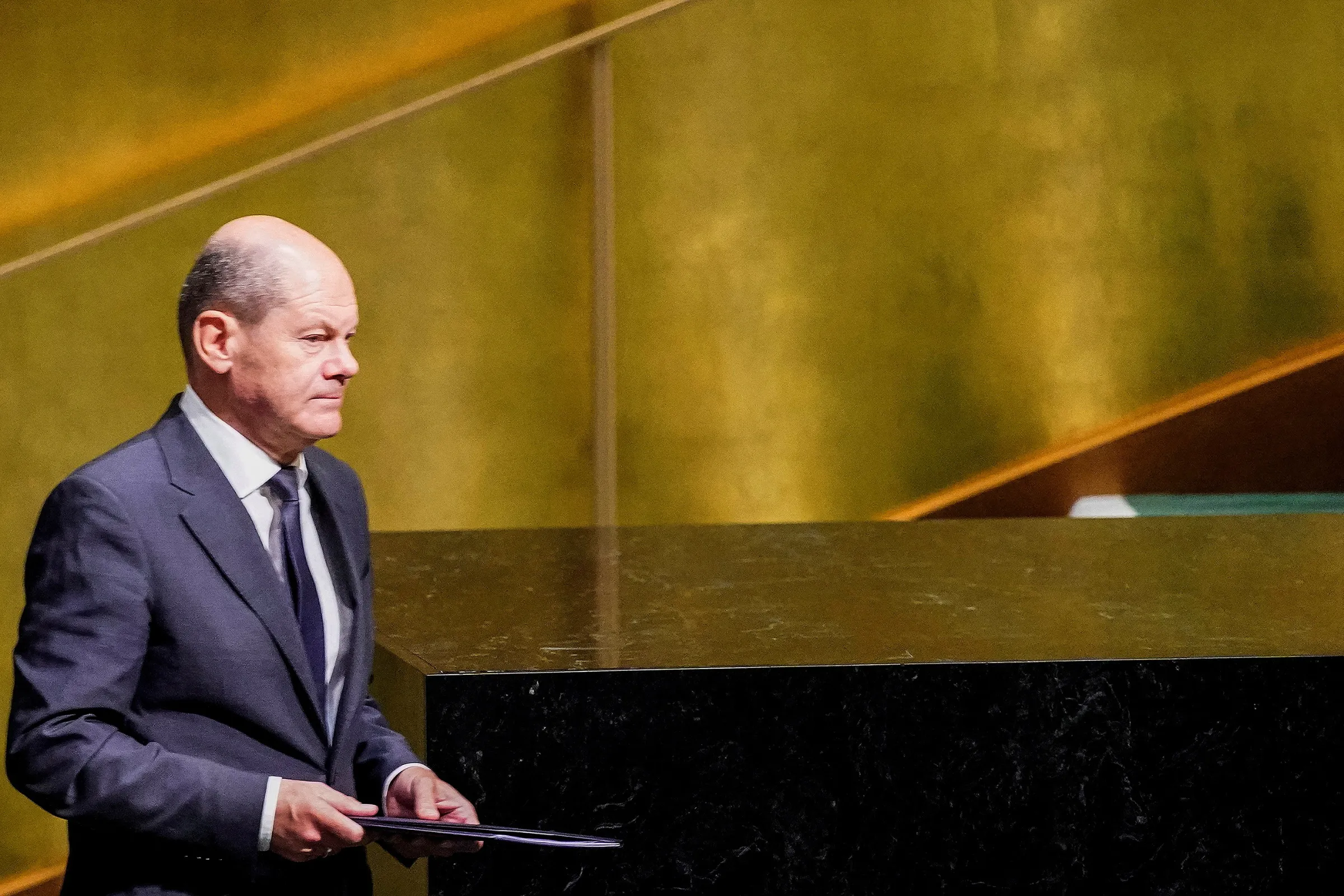 Germany's Chancellor Olaf Scholz walks to address the 77th Session of the United Nations General Assembly at U.N. Headquarters in New York City, U.S., September 20, 2022